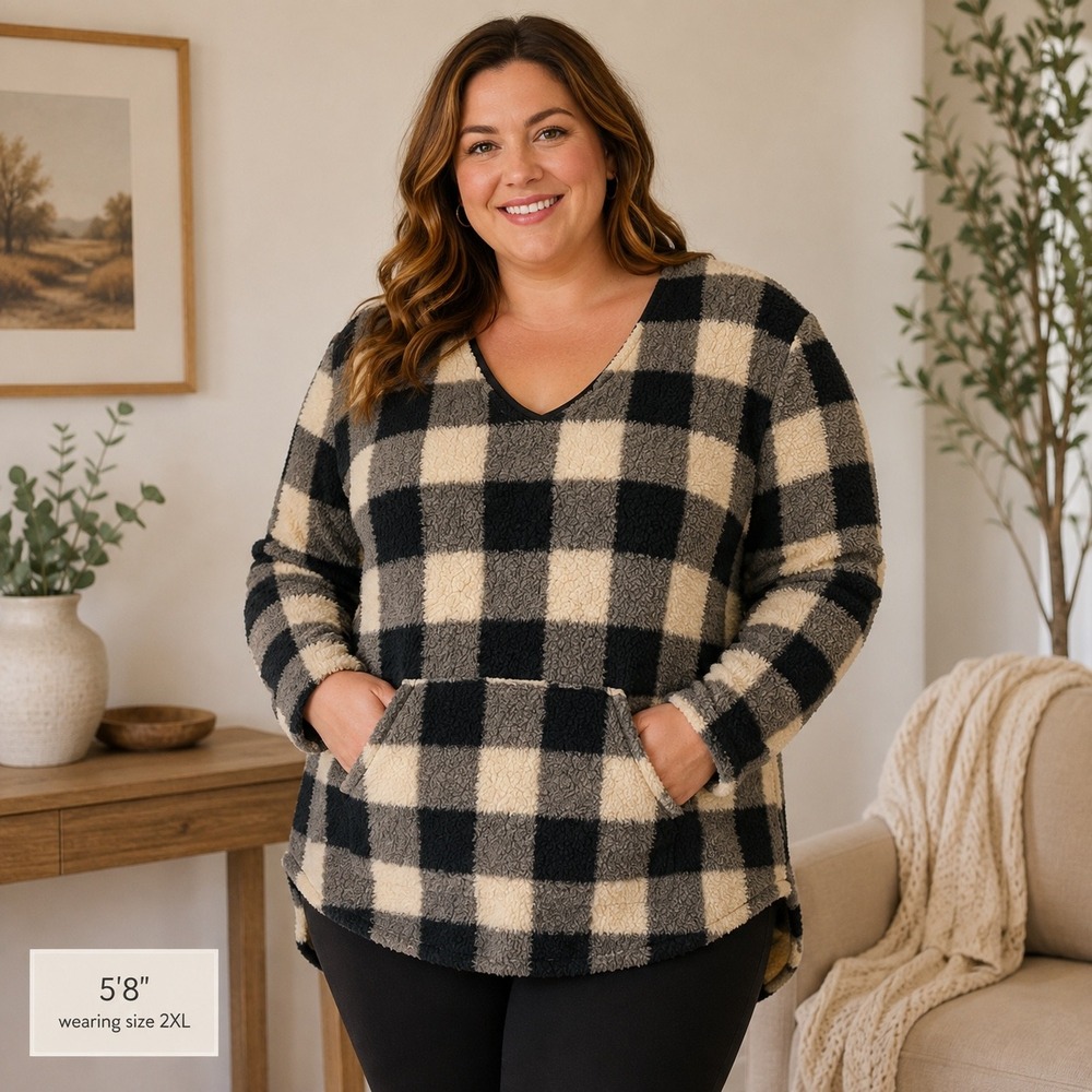 Zig Zag Stripe 2XL Buffalo Plaid Sherpa Pullover Cozy Cabin Cottagecore Fall USA
